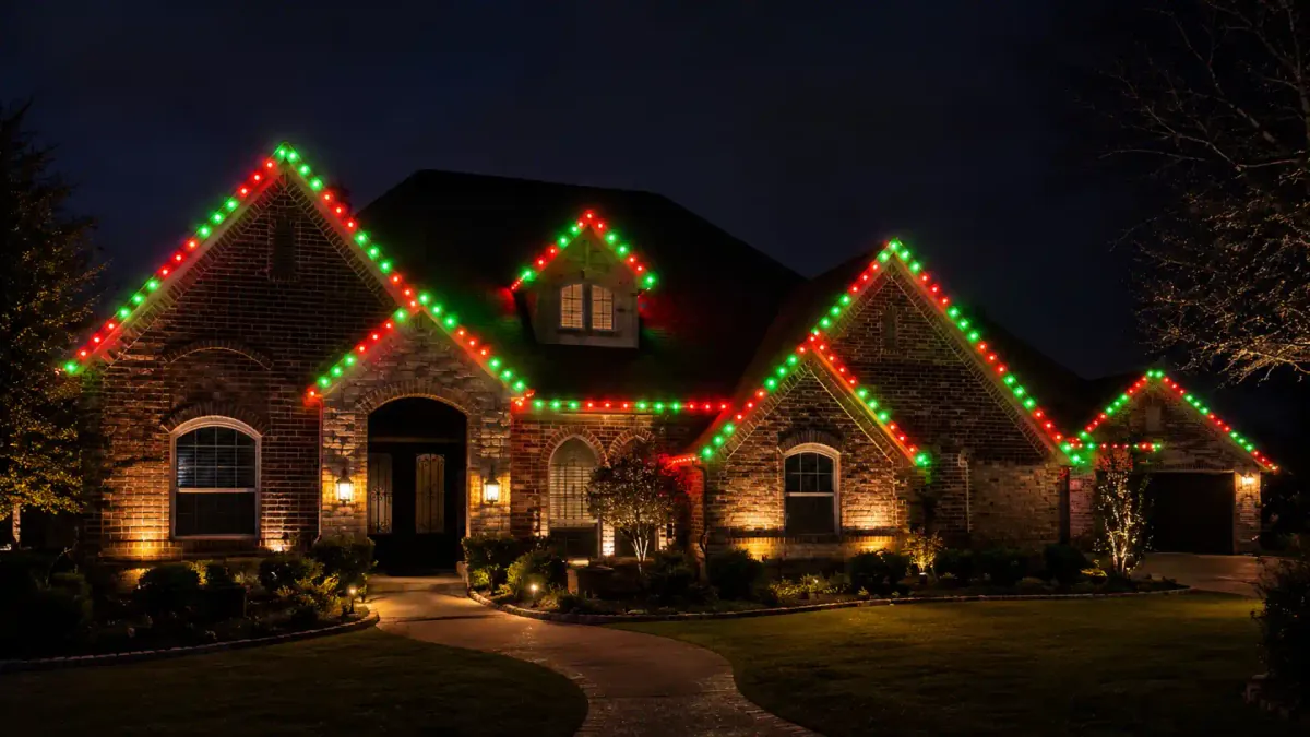 Alternating red and green holiday roofline lights outlining a large brick home at night